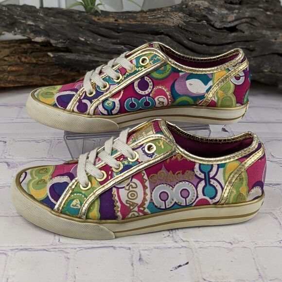 Coach Dee Gold Trim Multicolored Logo Lace Up Sneakers - Picture 4 of 10